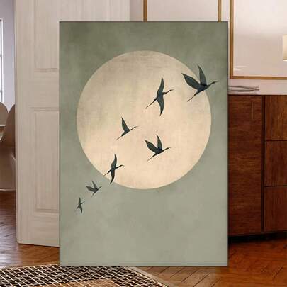 1幅鼠尾草绿日式艺术版画 - 大型抽象太阳与飞鸟墙画，无框帆布画，适用于客厅和卧室装饰