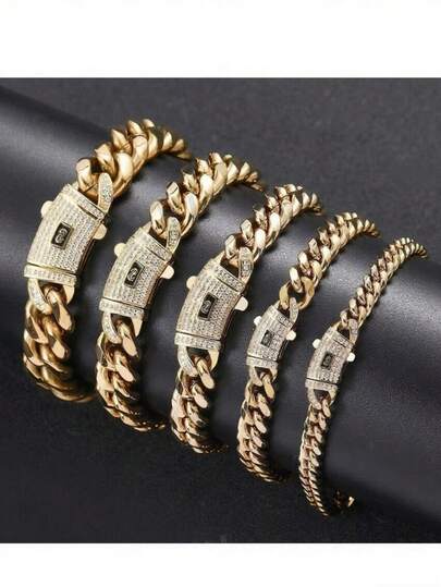 Juego de collar y pulsera de acero inoxidable de 6 mm, cadena cubana chapada en oro de 14 quilates con circonita cúbica incrustada, cierre de resorte, regalo para vacaciones