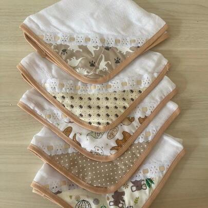 Kit com 5 fraldinhas de boca 100% algodão com viéz várias estampas - para bebê