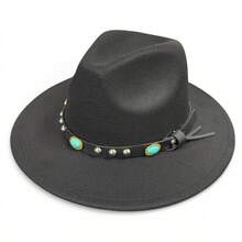 Felt Fedora Hat With Leather Band And Emerald, Medium Brim - 黑色 - 查看 5