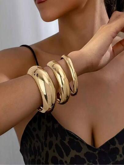 Set de 3 piezas Pulsera de acero inoxidable de lujo con acabado brillante, conjunto de joyas de metal elegante y versátil para mujeres, adecuado para fiestas, viajes y uso diario (color duradero)