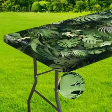 1pc Elastic Edge Tablecloth, Suitable For Outdoor Use, Lightweight And Washable, Deep Green Jungle Style With Tropical Plant Print, Full Cover Tablecloth For Picnic Party, Family Gathering, Indoor/Outdoor Decoration, Holiday Use - Multicolor - View 10
