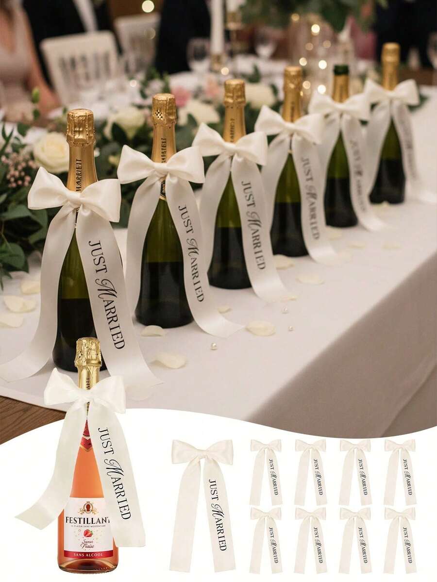 3条涤纶香槟酒瓶装饰丝带，白色礼品包装蝴蝶结，适用于婚礼庆典、生日派对等场合。用户需要自行系蝴蝶结。