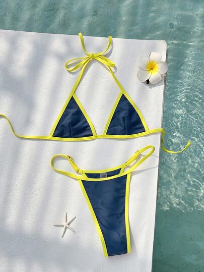 2026 Summer Women's Bikini Swimwear, Casual Sexy Color Block Solid Blue And Yellow Fashion Set, Shorts/Outerwear/Fitness Wear/Casual/Y2K/2000s/Y2K Style/Elegant/Retro/Streetwear/Vacation/Music Festival Pool Party Beach Outfit