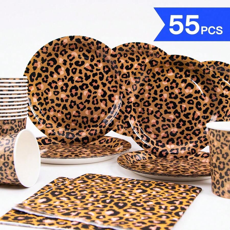 Bộ đồ dùng tiệc dùng một lần 10 người gồm đĩa, khăn ăn và cốc in họa tiết da báo màu nâu, thích hợp cho sinh nhật, đám cưới, tiệc theo chủ đề, dã ngoại gia đình. - Kiểu 5 - Xem 1