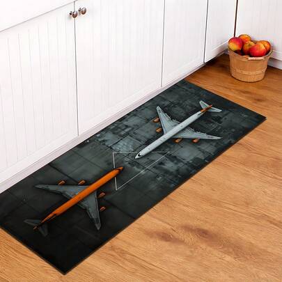 1 قطعة سجادة حمام مطبوعة بنمط طائرة من الجيل السيليكوني، سجادة مستطيلة قابلة للغسيل للغرفة المعيشية والنوم والممر والحمام وغرفة الغسيل - سجادة بوليستر مناسبة للديكور الداخلي والخارجي للمنزل
