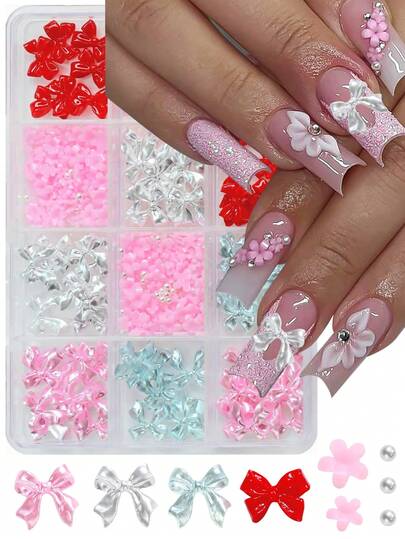 12Grids Y2K 3D Bowknot Flowers Nail Charms Pink Red Colorful Ribbon Bow Mixed 5-Petal Floral Round Beads Nail Art Rhinestones Manicure Crafts Jewelry Bow For Nails Decoration Gems