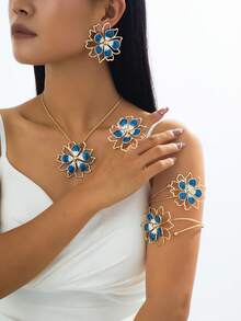 5pcs/Set Fashionable Bohemian Style Metal Enamel Flower Pendant Necklace, Earrings, Ring, Bracelet Jewelry Set, Suitable For Women's Daily, Vacation, Party Outfits - Blue - View 1