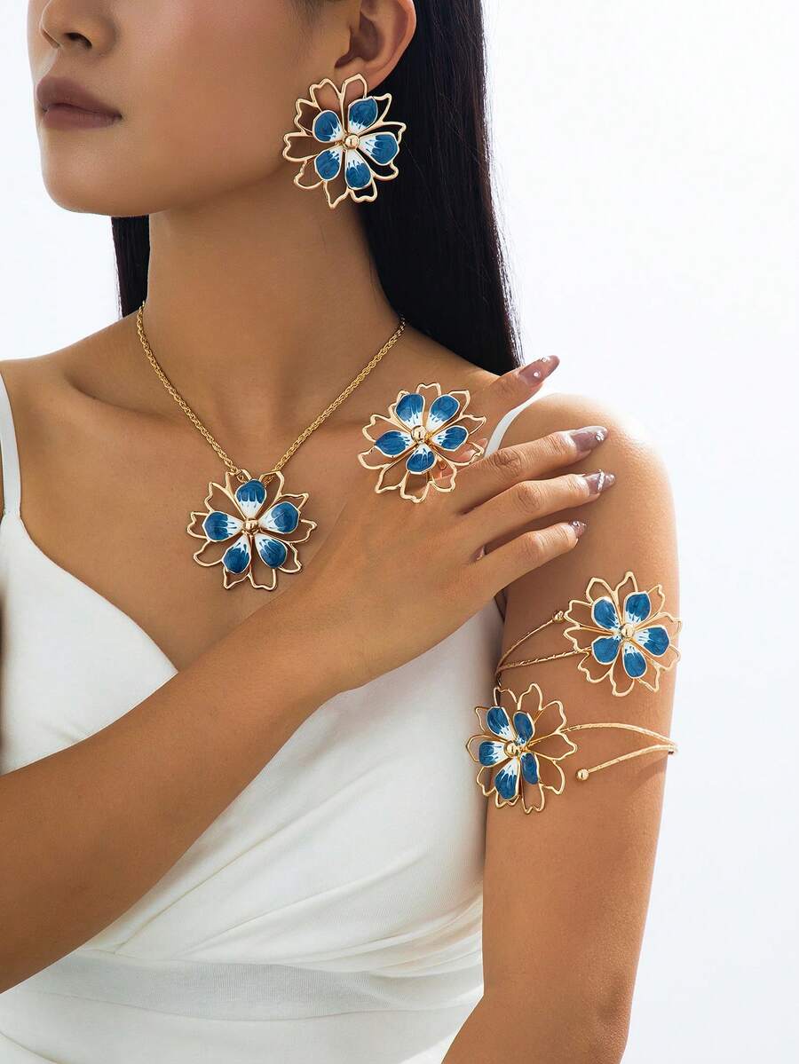 5pcs/Set Fashionable Bohemian Style Metal Enamel Flower Pendant Necklace, Earrings, Ring, Bracelet Jewelry Set, Suitable For Women's Daily, Vacation, Party Outfits - Blue - View 1