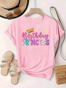 Plus Size-Birthday Princess Print, Adorned With Crowns And Stars, Colorful. Unique Pattern Print Casual Everyday Round-Neck Short-Sleeve Fashion Sports T-Shirt, Comfortable Top For Women-1XL-5XL - 粉紅色 - 查看 6