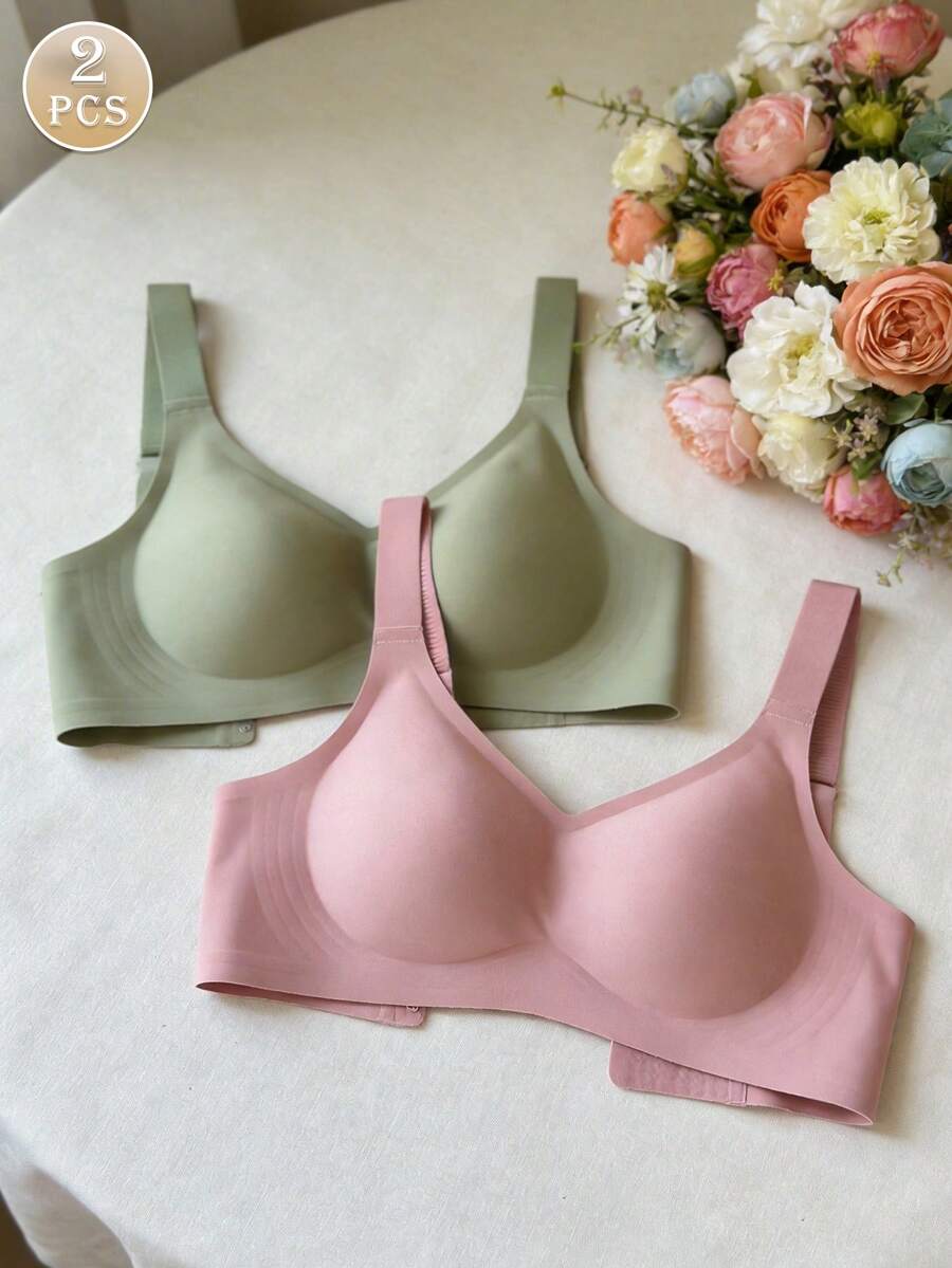 2pcs/Set Minimalist Comfortable Sports Bras For Women, Wireless, Solid Color - Multicolor - View 1