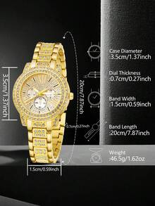 JasonRolls 5件套金属合金表带女士手表套装，奢华多功能，经典三眼钻石表盘石英表及手链套装，适合日常搭配或作为节日礼物 - 金色 - 查看 5