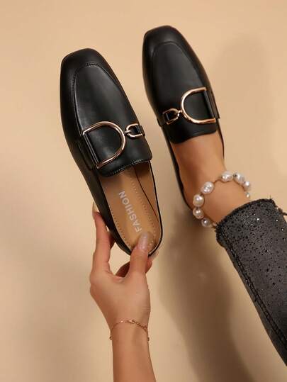 Women's Fashion Metal Buckle Decor Low Heel Mules, Minimalist Versatile Flat Slip-On Sandals, Comfortable Lightweight Daily Casual Shoes