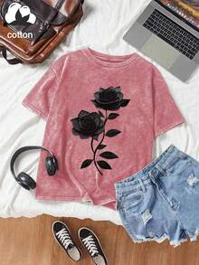 Plus Size Women's Casual Rose Vine Print Round Neck Short Sleeve T-Shirt, Suitable For Spring, Summer And Autumn - Hot Pink - View 5
