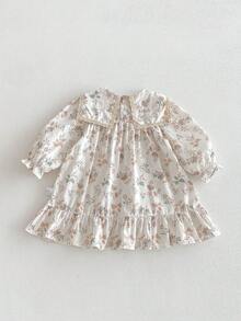 Baby Girls' Floral Print Ruffled Collar Princess Dress, Spring/Autumn - Apricot - View 4