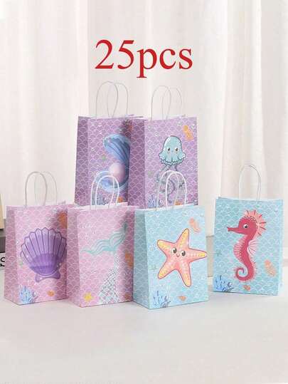 1/4/12/24/25个装可爱卡通海洋系列设计礼品袋，多种海马、海星、贝壳、美人鱼、鱿鱼、珍珠图案可选，适用于婚礼、新娘派对、生日、商务购物、派对回礼、毕业典礼等场合 - 彩色纸质礼品袋，适用于节日、活动、聚会、派对及各种场合