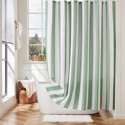 1pc Modern Minimalist Green And White Striped Shower Curtain, Minimalist Color Series Splicing Printed Shower Curtain, Suitable For Various Room Bathroom Decoration, Bathroom Accessory Partition, Bathtub Shower Curtain