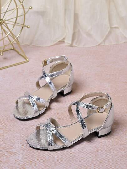 1 Pair New Girls' PU Silver Shiny Criss-Cross Strap Ankle Strap High Heel Sandals, Suitable For Spring/Summer, Dresses, Stage, Wedding, Festivals And Daily Wear