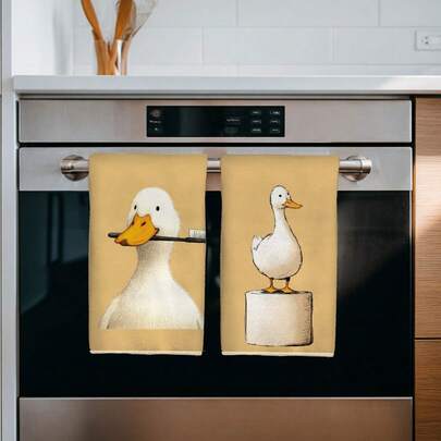2pcs Cartoon Duck Design Dish Towels, 15.7x23.6 Inches, Rustic Style, Suitable For Home Cooking And Housewarming Gifts, Multifunctional Holiday Decor, Birthday Gifts, Soft And Durable Material For Cooking, Baking And Cleaning, Bathroom