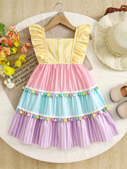 Girls' Rainbow Striped Flutter Sleeve Dress, Summer Sweet Cupcake Dress With Colorful Pom-Pom Decoration, Princess Dress