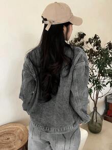 女士蓝色翻领长袖宽松休闲牛仔外套，秋冬春季款 - 深灰色 - 查看 7