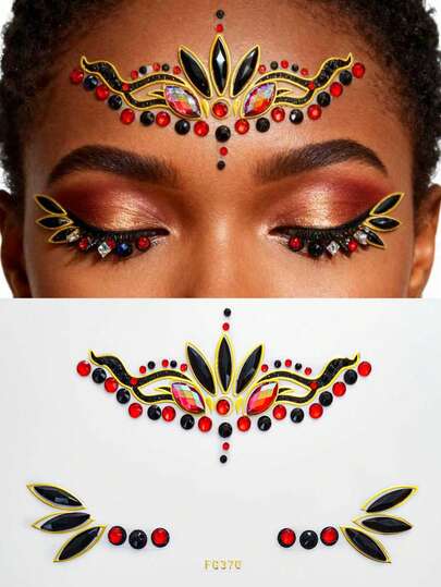1 Sheet Bohemian Red & Black Rhinestone Face Gems Stickers - Intricate Floral & Eye Decor Designs Self-Adhesive Festival Face Jewels For Coachella Bohemian Parties & Bold Makeup Looks Reusable Shiny Face Rhinestones For Women & Boho Enthusiasts