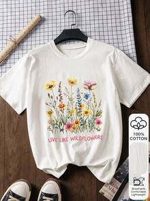 Blumen & "Live Like A Wild Flower" Muster Lässig Sommer Damen 100% Baumwolle Kurzarm Top, Grafik T-Shirt, weicher Stoff, Baumwolle Bekleidung, Outdoor Kleidung, bedrucktes Muster, Sommer T-Shirt, Urlaub, Reisestil, Strand-Vibe, minimalistische Resort-Kleidung Weiß - Weiss - Übersicht 1