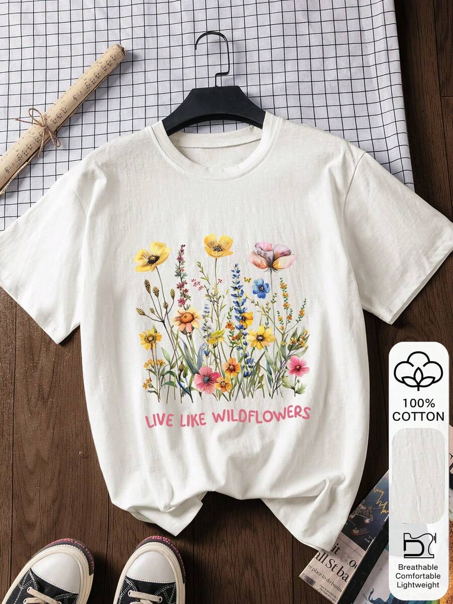 Blumen & "Live Like A Wild Flower" Muster Lässig Sommer Damen 100% Baumwolle Kurzarm Top, Grafik T-Shirt, weicher Stoff, Baumwolle Bekleidung, Outdoor Kleidung, bedrucktes Muster, Sommer T-Shirt, Urlaub, Reisestil, Strand-Vibe, minimalistische Resort-Kleidung Weiß - Weiss - Übersicht 1