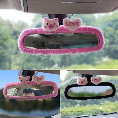 yucen Cartoon Animal Car Rearview Mirror Cover, Cute Cat Dog Pig Heart Pattern - Super Soft Plush Rearview Mirror Decoration, Universal Fit For Car Interior Decor, Suitable For Women And Men