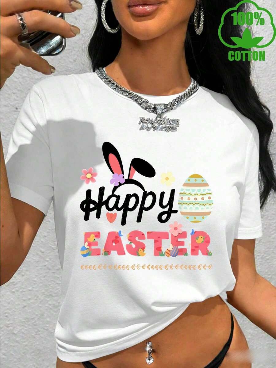 Camiseta Con Elementos De Pascua, Estampado Vintage De Orejas De Conejo Floral, Ropa De Pascua Para Mujer, Cuello Redondo De Manga Corta Y Tejido Pesado, Idea De Regalo De Moda Trendy - [Blanco] - Ver 1