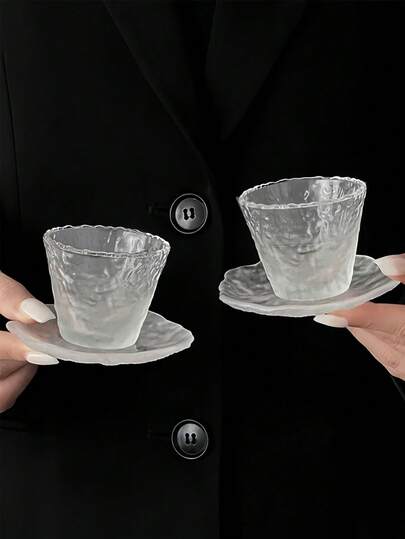 1pc Premium Glass Tea Cup & Saucer Set, Japanese Mushroom-Shaped Cup For Gongfu Tea, Personal Tea Cup With Transparent Frosted Mist Design