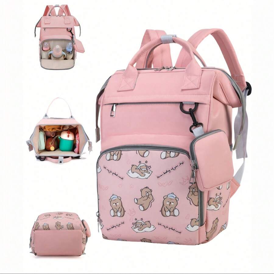 1pc Printed Mummy Backpack, Large Capacity Diaper Bag, Tissue Holder, Fashionable & Portable Maternity Bag, Can Be Hung On Stroller