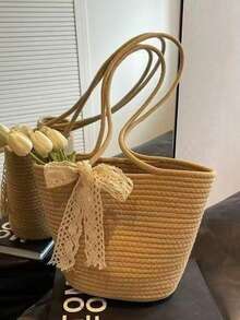 1pc Straw Tote Bag, Large Capacity, Versatile, Shoulder Strap, Beach, Travel, Vacation, Nordic Style - View 2