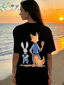 Disney Summer Fashion Single-Sided Printed Nick Wilde Round Neck Women's Loose Short Sleeved Shirt - Black - View 1