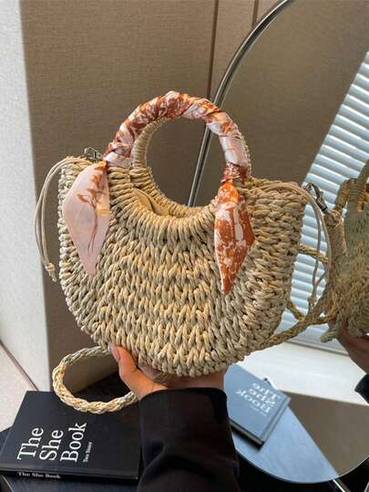 Large Capacity Round Straw Bag, Fashionable Hollow-Out Beach Vacation Tote Bag, Versatile Handbag & Shoulder Bag