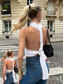 2026 新款夏季韩版 Y 领性感交叉露背无袖小众设计针织露脐上衣 - 白色 - 查看 2