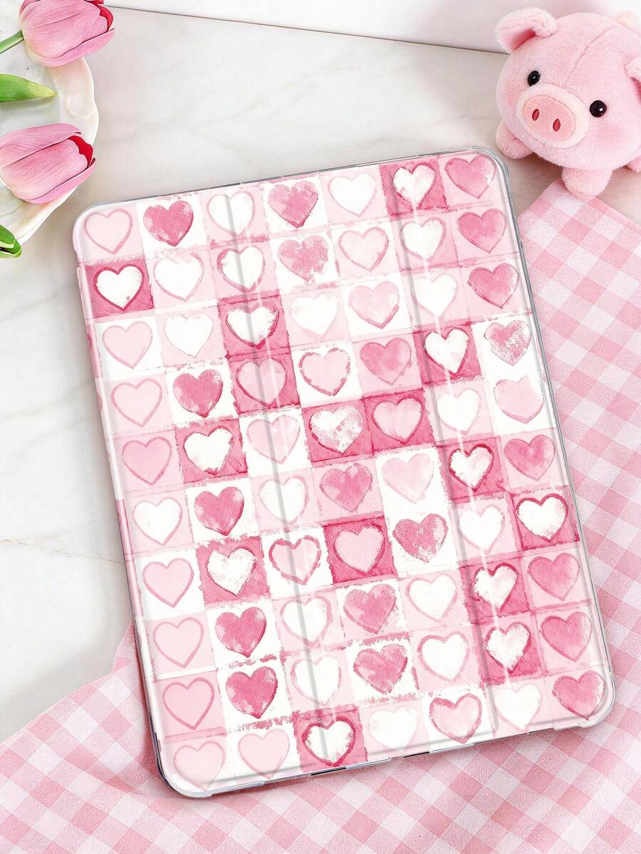Checkerboard Heart Pattern Painted Tablet Case, Compatible With Mini4/Mini5/Mini6/Mini7/Air/Air2/9.7/10.2/10.5/Air4/Air5/10.9/Pro 11-Inch/10th Gen/ Air 11-In.(M2)-2024/ Pro11-In.(M4)-2024/Air 11-Inch (M3) 2025/ (A16) 11 Inch 11th Generation 2025, Galaxy Tab A8 10.5 Inch 2022. Includes Pencil Slot, 3-Fold Stand, TPU Soft Edge Protection, Magnetic Sleep/Wake, Creative/Personalized/Fun/Cute/Healing Design. - Multicolor - View 1