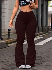 Plus Size Women's High Waist Solid Color Bell Bottom Sports Yoga Pants Compression Tights Running Workout Bottoms - Dark Brown - View 3