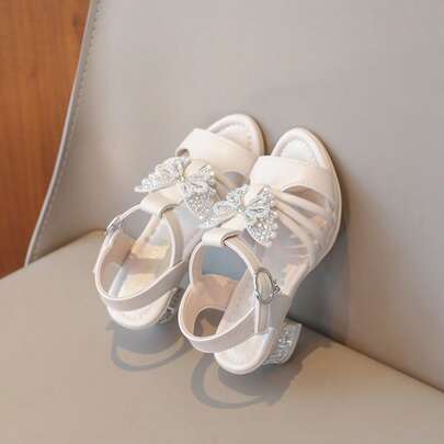 1 Pair Children's Thick High Heel Sandals With Pearl & Bow Decor, Low Vamp Girls' Party Wedding Leather High Heels