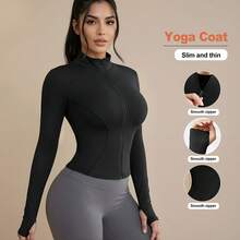 LKZ 女士纯色立领运动夹克，轻质全拉链瑜伽夹克适合户外跑步，修身设计带拇指孔，适合室内/户外运动 - 健身房锻炼 - 黑色 - 查看 3