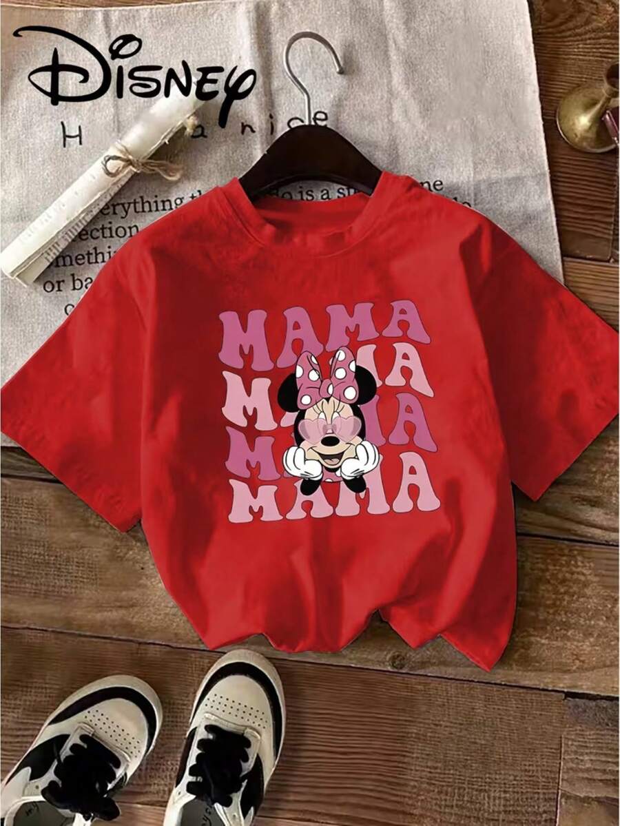 Minnie Mouse And MAMA Pattern Disney Summer New Short-Sleeved T-Shirt Blouse Ladies Casual Fashion Printed T-Shirt Ladies Elegant Women's Clothing. - Red - View 1