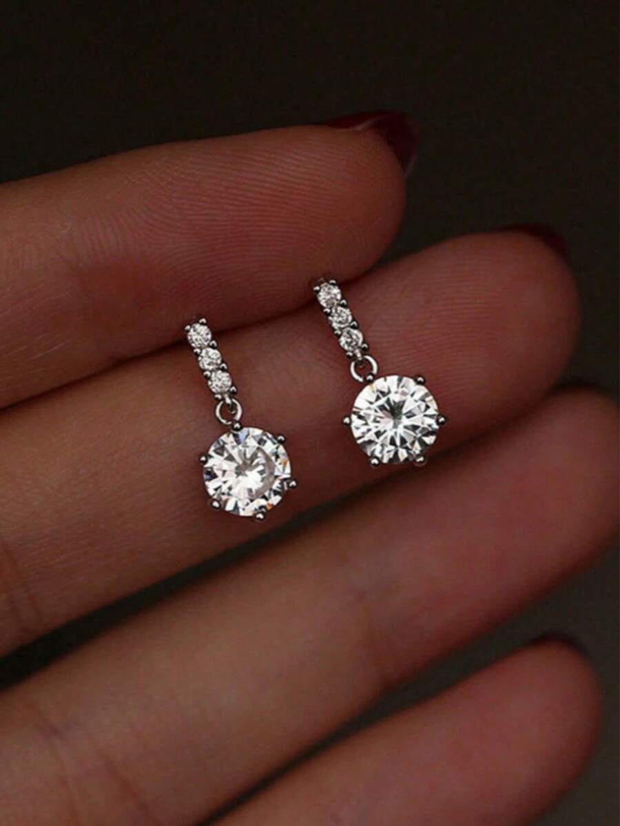 1对时尚简约水钻耳环，小众高端闪亮立方氧化锆耳环，女士款 - 銀色 - 查看 1