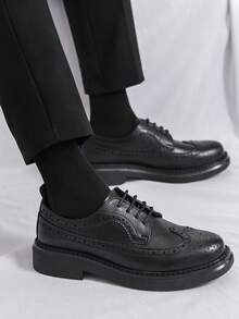 男士休闲复古系带正装鞋，透气布洛克风格婚礼及办公乐福鞋 - 黑色 - 查看 7