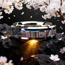 时尚8毫米银色陶瓷316L不锈钢戒指，男女通用，镶嵌合成蓝色蛋白石，发光戒指，舒适贴合，珠宝礼品 - 銀色陶瓷不銹鋼 - 查看 17