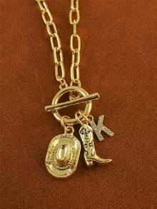 1pc Retro Classic Letter Western Cowboy Hat Pendant, With Gold Stainless Steel Paperclip Chain, Women Necklace - Yellow Gold - View 10