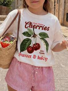 女童樱桃水果印花短袖T恤，甜美清新ins风休闲度假上衣，复古植物图案圆领 - 白色 - 查看 1