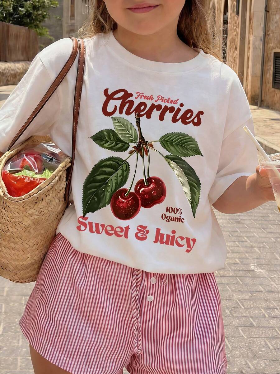女童樱桃水果印花短袖T恤，甜美清新ins风休闲度假上衣，复古植物图案圆领 - 白色 - 查看 1