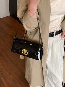 女士法式奢华漆皮法棍包，复古棕色腋下包，优雅单肩斜挎包 - 黑色 - 查看 4