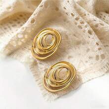 2pcs Creative Oval Line Women's Earrings, 14K Gold Plated Stainless Steel Earrings - Fashion Geometric Asymmetrical Design, Personalized Large Thick Gold Women's Earrings, Jewelry, Suitable For Daily Wear/Wedding Occasions/Party Gatherings/Banquet - Gold - View 1