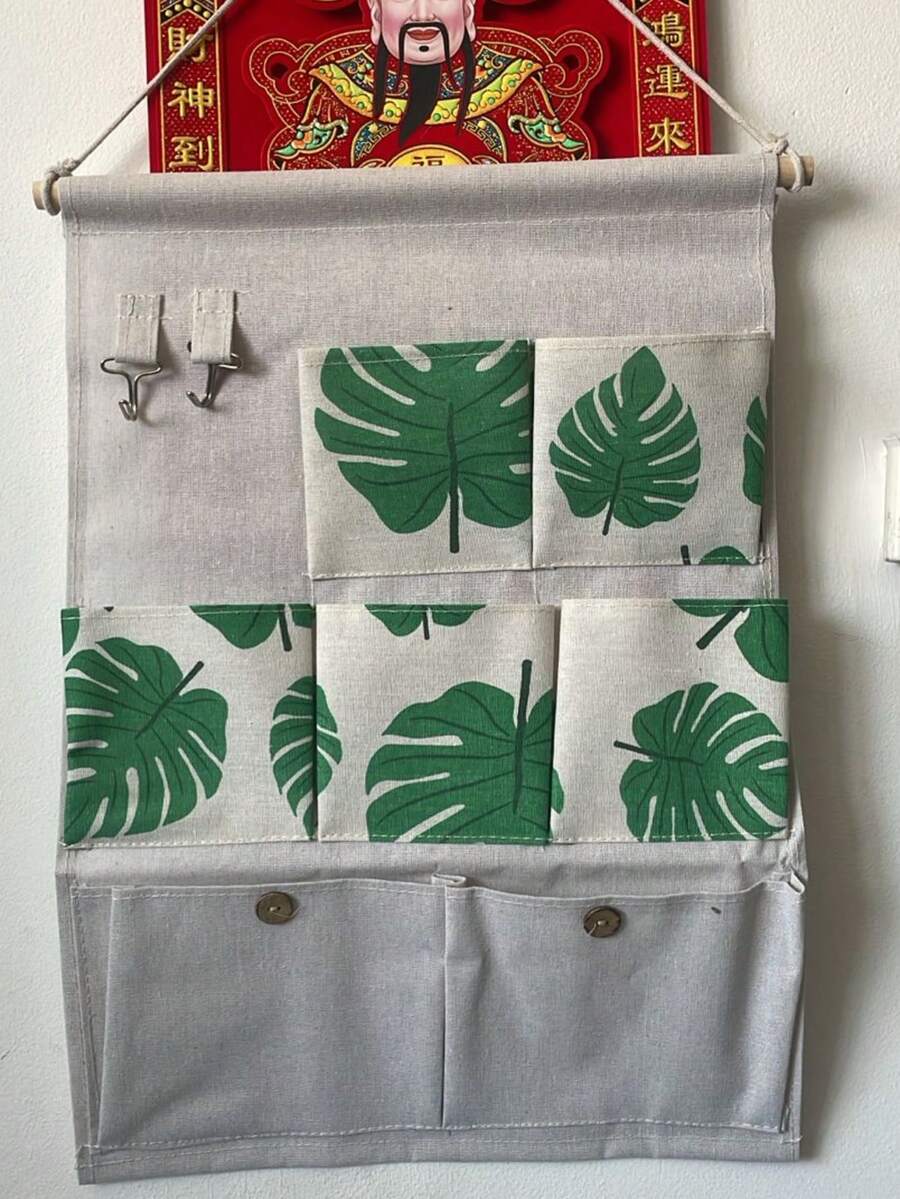 Bolsa Colgante de Almacenamiento con Patrón de Hojas en Tela de Lino - Beis - Ver 1